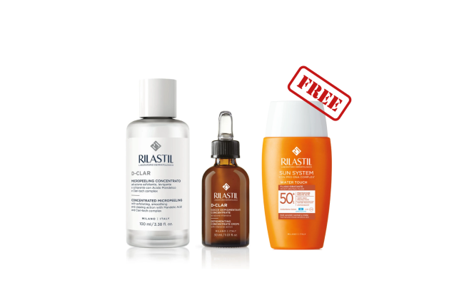 Rilastil D-Clar Depigmenting Drops 30 ml + Rilastil D-Clar Concentrated Micropeeling + Free Rilastil Sun System Water Touch احصل على واقي شمس مجانا من ريلاستيل